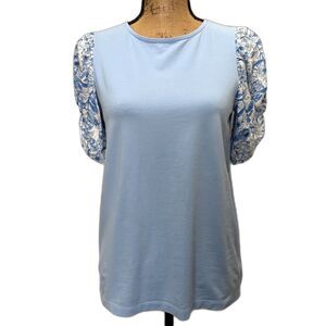 Crown & Ivy Puff Sleeve T-Shirt‎ Baby Blue Pastel Floral Garden Party Size XS